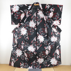 浴衣 女性ゆかた 黒色ｘ赤色ｘ白色 花模様 綿 夏物 レディース 仕立て上がり 身丈163cm 【キモノオフ野々市若松店】の画像