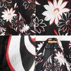 浴衣 女性ゆかた 黒色ｘ赤色ｘ白色 花模様 綿 夏物 レディース 仕立て上がり 身丈163cm 【キモノオフ野々市若松店】の画像