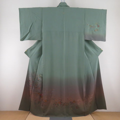 訪問着 刺繍 ぼかしに花文様 緑色 茶色 袷 広衿 正絹 一つ紋...