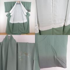 訪問着 刺繍 ぼかしに花文様 緑色 茶色 袷 広衿 正絹 一つ紋 五三桐文 仕立て上がり着物 身丈156cmの画像