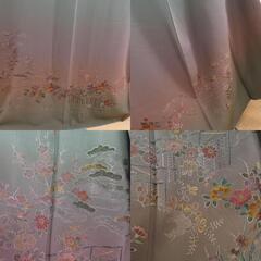 訪問着 刺繍 ぼかしに花文様 緑色 茶色 袷 広衿 正絹 一つ紋 五三桐文 仕立て上がり着物 身丈156cmの画像