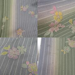 小紋 箔 ぼかし 縞に桜文様 単衣 広衿 正絹 緑色 青紫色 仕立て上がり カジュアル 身丈163cmの画像