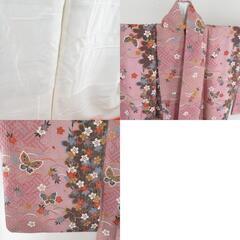 小紋 箔 桜に蝶文様 袷 広衿 桃紫色 正絹 仕立て上がり カジュアル着物 身丈160cmの画像