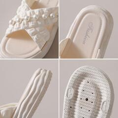 【新品】パール装飾 クロスクロスベルト厚底サンダルスリッパサンダル アイボリーの画像