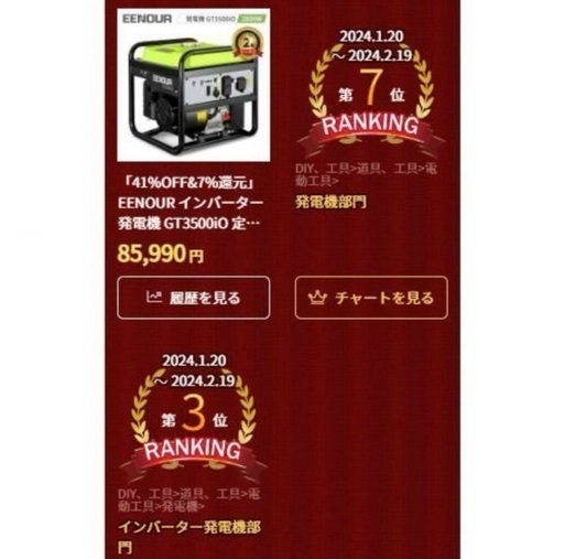 EENOUR 発電機 : GT3500iO 2800W(新品未使用)2024年4月購入品