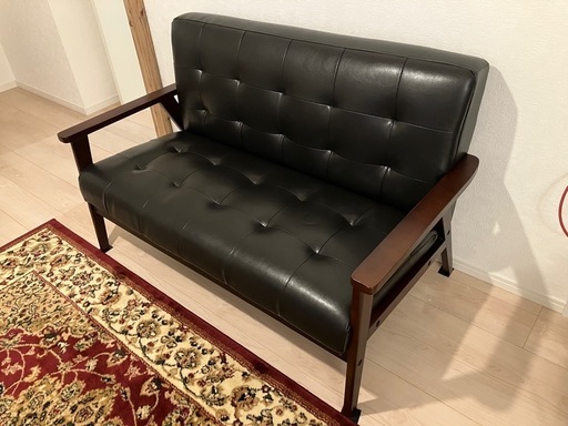 2人　ソファ　レザー調　ウッド