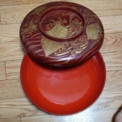 時代漆器　朱漆塗沈金鶴亀木製菓子鉢
