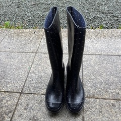 【未使用】長靴　レインブーツ　Ｌサイズ　　24-24.5cm ネイビー　水玉　ロング　クッキーモンスターのブーツキーパー付き　の画像