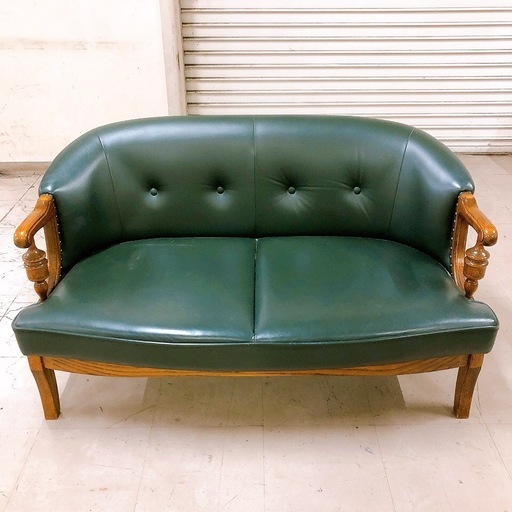 日本製 アンティーク調 2人掛けソファー 深みどり ダークグリーン