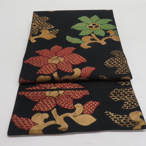 袋帯 花唐草文様 黒色 金糸 正絹 全通柄 着物帯 長さ424cm (ココ
