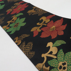 袋帯 花唐草文様 黒色 金糸 正絹 全通柄 着物帯 長さ424cmの画像