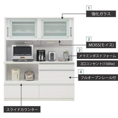 最終価格！引越しに伴い7/22まで！早い物勝ち！美品大特価！123750円の商品！キッチンボード　レンジボード 幅160 完成品 収納 家電収納 大型 モイス加工 コンセント付き 食器棚 ラック レンジ台 日本製 白 の画像