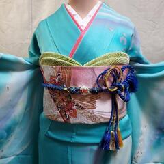 振り袖７点セット(66)　長襦袢　袋帯　小物　セルリアンブルー　孔雀　成人式の画像