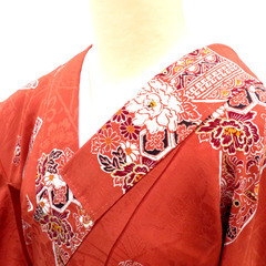 アンティーク 袷 茶 白 赤 黒 金 花 地模様入 バチ衿 正絹 レトロ 明治・大正ロマン 昔着物  身丈152cm 【キモノオフ野々市若松店】の画像