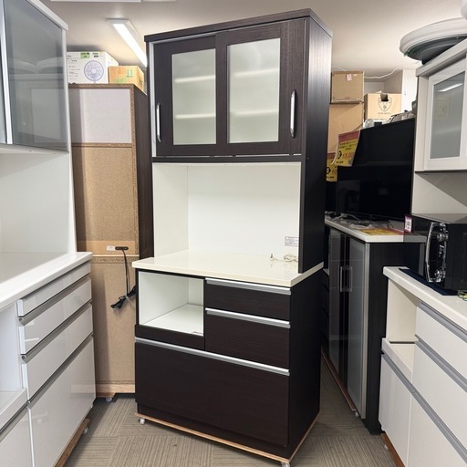 【超美品‼️】ニトリ 89cm幅キッチンボード 食器棚 収納家具 木目調ダークブラウン♪