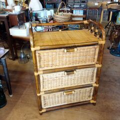 ビンテージ ラタンチェスト 籐家具 真鍮取っ手 引き出し 収納