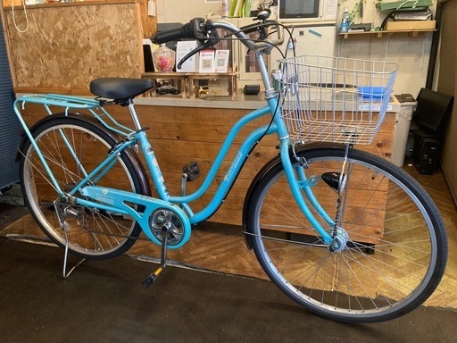 【SALE！8月末まで延長！防犯登録無料！後輪タイヤ・チューブ新品！】 LEDオートライト　6段変速　26インチ自転車　水色