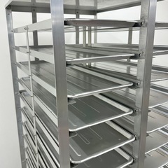 SNT684 中古厨房 業務用 店舗什器 オープン アルミ ラック カート パン 15段 2列 キャスター パンラック トレイ付きの画像