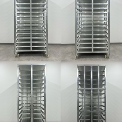 SNT684 中古厨房 業務用 店舗什器 オープン アルミ ラック カート パン 15段 2列 キャスター パンラック トレイ付きの画像