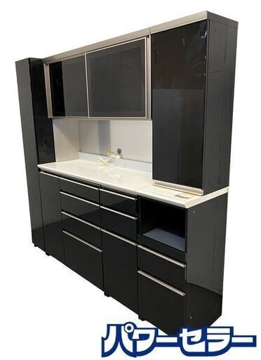 パモウナ キッチンボード 幅約210 上下段ソフトクローズ ダイヤモンドハイグロス ブラック レンジ台 壁面 中古家具 店頭引取歓迎 R9746