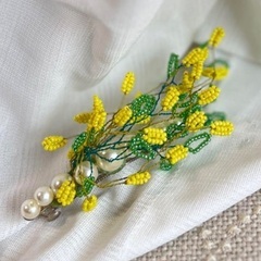 【ハンドメイド/作家作品】ミモザフラワーとパールのヘアバレッタ　髪飾り　お花の画像