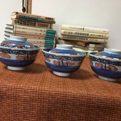お値下げ【昭和？】【未使用品】3客 器 茶碗 蓋付 椀 印字あり 裏印 和食器 陶磁器 陶芸 工芸品 ヴィンテージ の画像