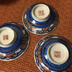 お値下げ【昭和？】【未使用品】3客 器 茶碗 蓋付 椀 印字あり 裏印 和食器 陶磁器 陶芸 工芸品 ヴィンテージ の画像