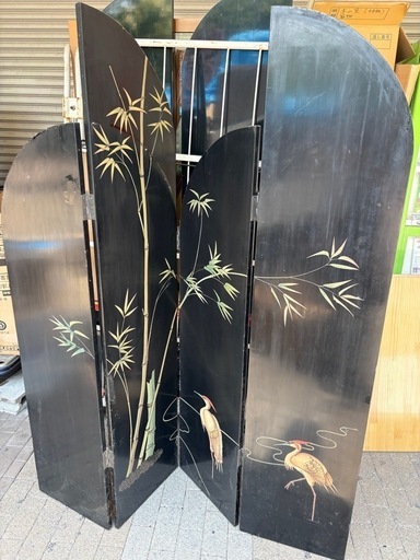衝立　屏風　4枚折　鶴　竹　縁起