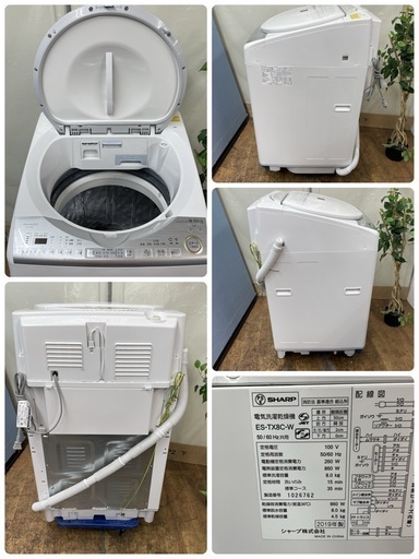 R245 ☀️ ジモティー限定特別価格！ プラズマクラスター搭載！SHARP 洗濯乾燥機 （洗濯：8.0㎏ 乾燥：4.5㎏）19年製 ES-TX8C ⭐ 動作確認済 ⭐ クリーニング済