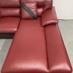ニトリ 本革カウチソファ ロゾ レッド セミハイバック L字 コーナー クッション×2 リビング インテリア 赤 中古家具 店頭引取歓迎 R9745の画像