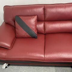 ニトリ 本革カウチソファ ロゾ レッド セミハイバック L字 コーナー クッション×2 リビング インテリア 赤 中古家具 店頭引取歓迎 R9745の画像