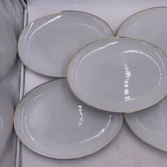 【中古美品】Ichisa china 大皿 だ円 金縁 5枚 食器 大人数 洋食器 昭和レトロ ヴィンテージ 食卓 シンプル 白/金の画像