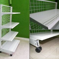 オカムラ製 H155cm×W90cm 単体片面3段エンド什器(キャスター付き) 背面ネットタイプ キックプレート無し■陳列棚・システム什器■S-614の画像