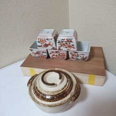 新品未使用　土鍋　四日市萬宝窯と京都たち吉　創作陶器　赤絵花鳥　...