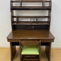 フルセット！■karimoku カリモク家具 デスク＆チェア 学習机 勉強 椅子 本棚 書棚 高さ調整 グリーン 緑 ワーク オーク色 こげ茶 名古屋の画像
