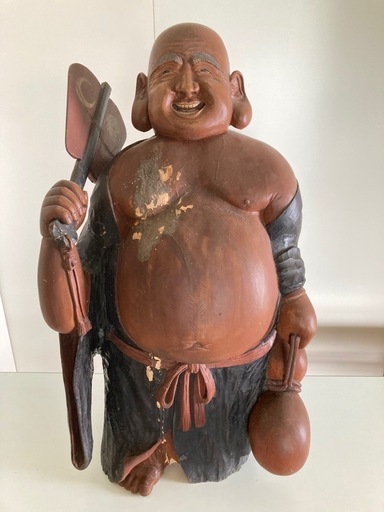 【栗山】商売繁盛 ディスプレイ　珍品 特大 布袋像 【 銘 鉄三郎作 】木彫 七福神 縁起物 骨董 90cm 30kg 天下泰平 美術品 置物 布袋 仏像 オブジェ 現状