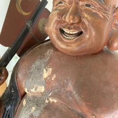 【栗山】商売繁盛 ディスプレイ　珍品 特大 布袋像 【 銘 鉄三郎作 】木彫 七福神 縁起物 骨董 90cm 30kg 天下泰平 美術品 置物 布袋 仏像 オブジェ 現状 の画像