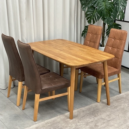 KF-34【新入荷　リサイクル品】大川家具　オーク材/ファブリック　ダイニング5点セット　ナチュラル×ブラウン