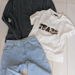 セットアップ　コムサイズムONIGIRI スゥエットカーディガン、PURPLE&YELLOW ワッペン付きTシャツ、JIE BIRD デニム　３点 の画像