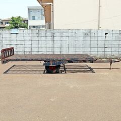 長岡市 冨士トレーラー 型式不明 ダブルタイヤ 油圧シーソー 1輪エア抜け 荷台寸法160×330 運搬 牽引 コンバインカー 積載 中古 倉庫保管の画像