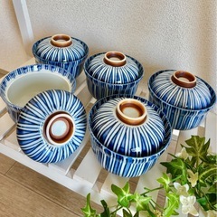 蓋付き小さな丼 5個セット青と白のストライプ煮物椀　茶碗　ミニ蕎麦など多様の画像