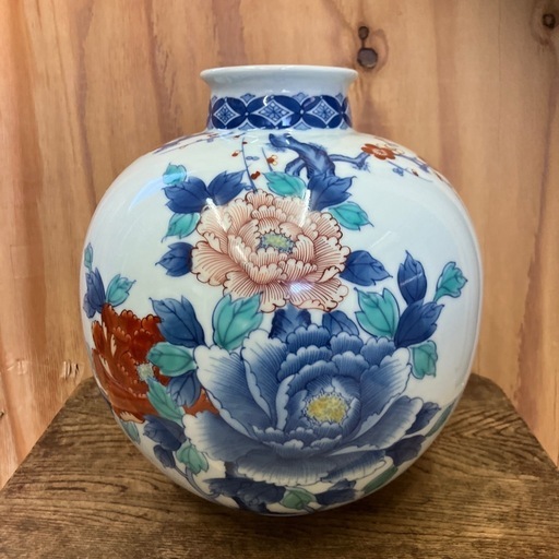 珍品堂】1円から U78-V01 九谷焼 花柄 花瓶 壺 木箱 飾壺 高級
