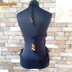 水着　ワンピ　黒　フリンジ　鍵編み　クロシェの画像
