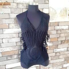 水着　ワンピ　黒　フリンジ　鍵編み　クロシェの画像