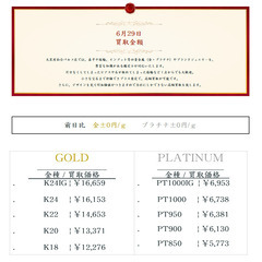 大黒屋仙台パルコ店 6/29　本日の貴金属の買取金額