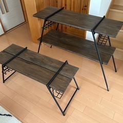 木製2段シェルフ ワイヤーバスケット付き