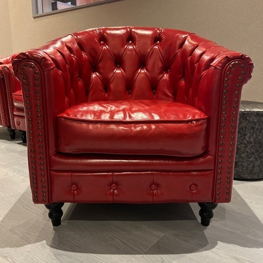 1人掛け ボタン タブチェア アンティーク ヴィンテージ レトロ チェスターフィールド 本革調 合成皮革 赤色 レッド