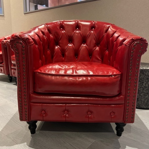 １人掛け ボタン タブチェア アンティーク ヴィンテージ レトロ チェスターフィールド 本革調 合成皮革 赤色