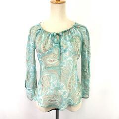 日本製/美品★ZAZIE【ザジ】七分袖 カットソー レディース【size:38/M/水色系/ペイズリー】シースルー/Tops◆BJ009-hの画像