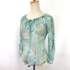 日本製/美品★ZAZIE【ザジ】七分袖 カットソー レディース【size:38/M/水色系/ペイズリー】シースルー/Tops◆BJ009-hの画像